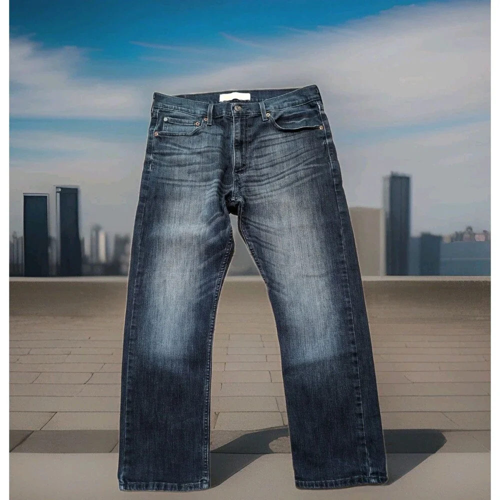 SIGNATURE LEVI STRAUSS BLUE DENIM JEANS SLIM STRAIGHT STRETCH MENS SZ 34X29 EUC